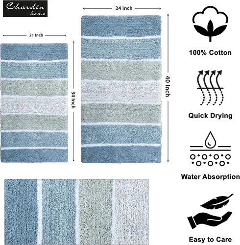 Miniatura 3 de Chardin Home - Juego de tapetes de baño rayados, 100% puro algodón (2 unidades, 24" x 40" y 21" x 34"), con base de látex antiderrapante