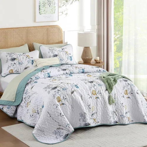 Miniatura 3 de WONGS BEDDING Juego de edredón floral verde azulado, tamaño Queen, juego de colcha de 3 piezas con patrón de plantas botánicas con 2 fundas
