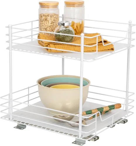 Household Essentials Organizador de despensa de dos niveles de acero blanco con detalles de plástico forrado limpio