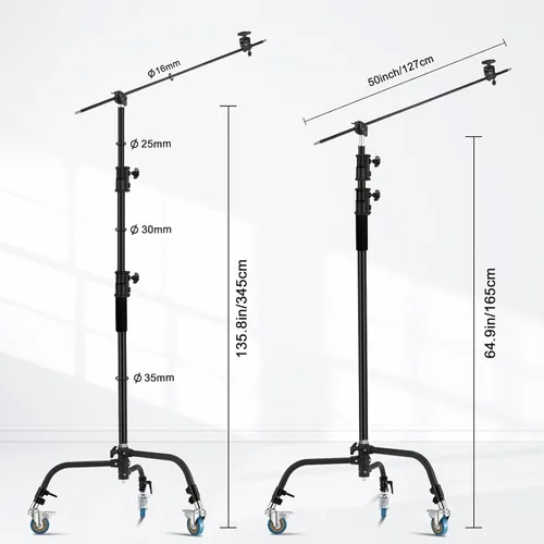 Miniatura 4 de Soporte C resistente de 11.3 pies/135.8 in, soporte de luz ajustable Century con brazo de brazo de sujeción de 4.2 pies, ruedas para estudio