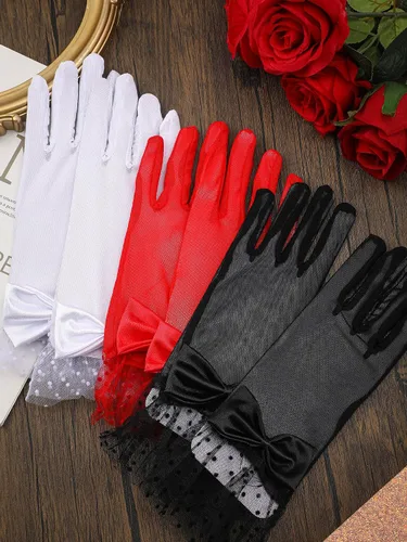 Miniatura 7 de Geyoga 3 pares de guantes de encaje con lazo de leopardo para mujeres y niñas, elegantes guantes cortos de seda, guantes de fiesta de té para cenas