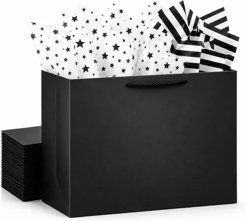 Paquete de 4 bolsas de regalo negras extra grandes, bolsas de regalo grandes con papel de seda, 16 x 6 x 12 pulgadas, bolsas de regalo para pequeñas