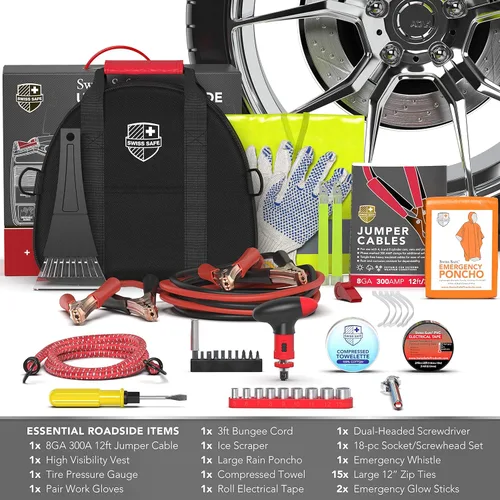 Miniatura 4 de Swiss Safe Kit de emergencia para automóvil 2 en 1 Cables de puente de alta resistencia de 12 pies y kit completo de primeros auxilios