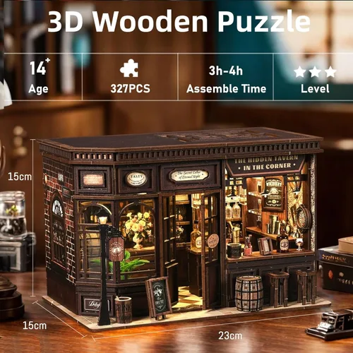 Miniatura 2 de Kit de rincón de libros, casa de muñecas en miniatura para adultos, rompecabezas de madera 3D, decoración con luz LED, regalo para los amantes