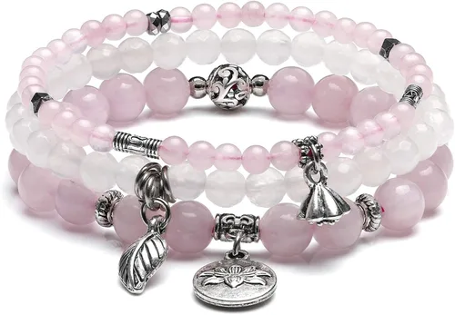 Jovivi - 3 pulseras de cuentas de cristal de cuarzo rosa amatista para chakras, energía natural de curación, cuentas de loto, piedra reiki,