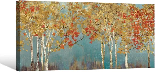 SEVEN WALL ARTS Lienzo de árbol de abedul para pared, pintura abstracta de bosque, paisaje con hojas rojas de otoño y otoño, obra de arte natural