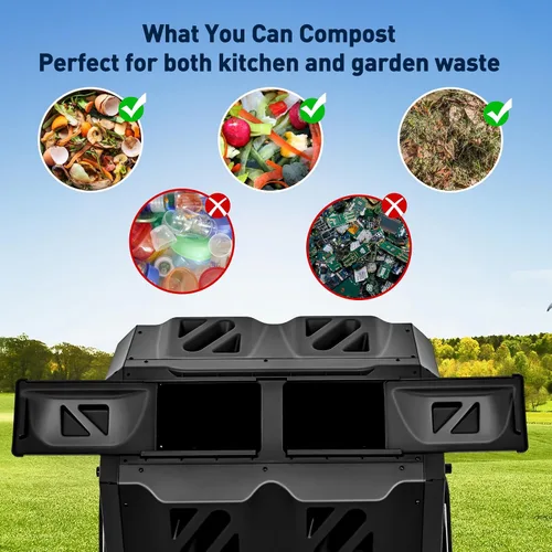 Miniatura 8 de Yesker Contenedor de compostaje de doble cámara para exteriores, compostador giratorio de 43 galones con puertas correderas, montaje rápido