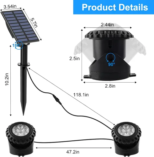 Miniatura 7 de T-SUN Luces solares para estanque, 2 focos LED RGB, luces sumergibles bajo el agua, luz solar para tanque de peces para fuente de jardín, estanque