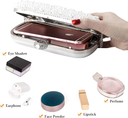 Miniatura 4 de CORIOS Bolso de noche para mujer, bolso de mano de perlas con borlas de cristal, bolso de mano de diamantes de imitación