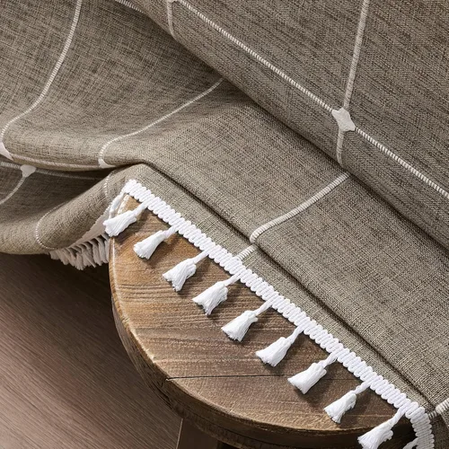 Miniatura 92 de ZeeMart - Mantel de mesa con diseño de cuadrícula boho y borlas (blanco roto, 132 cm x 132 cm), mantel de gran peso de lino a cuadros bordado