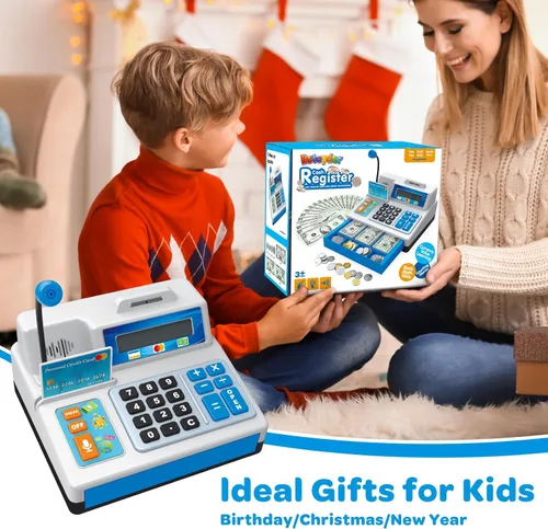 Miniatura 7 de Juguetes de Caja Registradora con Calculadora, Regalo para Niños de 3, 4, 5, 6, 7, 8+ Años, Set de 103 Piezas de Tienda de Comestibles