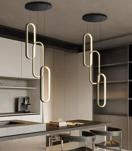 Miniatura 6 de Lámpara de Araña de Anillo Moderna LED Regulable Luz de Techo para Isla de Cocina Sala de Estar Escaleras Comedor Negro