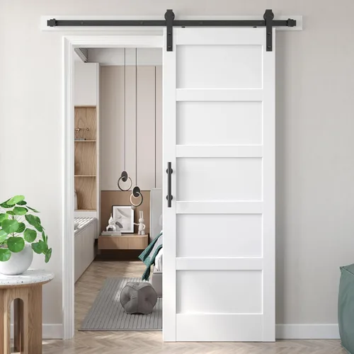Miniatura 31 de Fredbeck Puerta de granero blanca de 30 x 84 pulgadas con kit de herrajes para puerta corredera de 5.5 pies incluido y asa, sólida, MDF, superficie