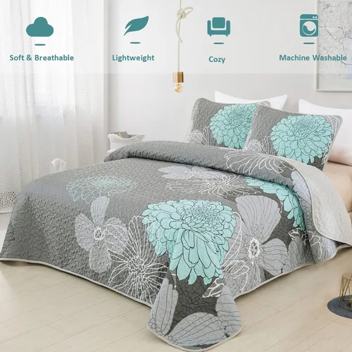 Miniatura 2 de Anibedding Juego de edredón con estampado floral verde, tamaño King, colcha de 3 piezas, elegante colcha de flores bohemias con 2 fundas de Gris