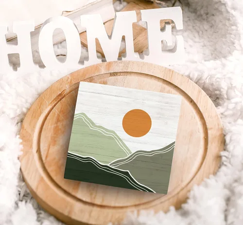 Miniatura 5 de SRADMO Caja abstracta de madera con diseño de montañas y sol bohemio, decoración de escritorio, paisaje de naturaleza bohemia, caja de bloques
