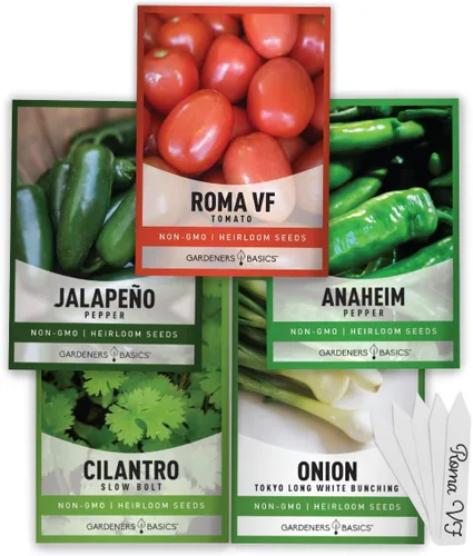 Gardeners Basics, Paquetes de semillas de cultivo de salsa reliquia, semillas de tomate Roma VF, jalapeño, cilantro, anaheim y cebolla para jardín,