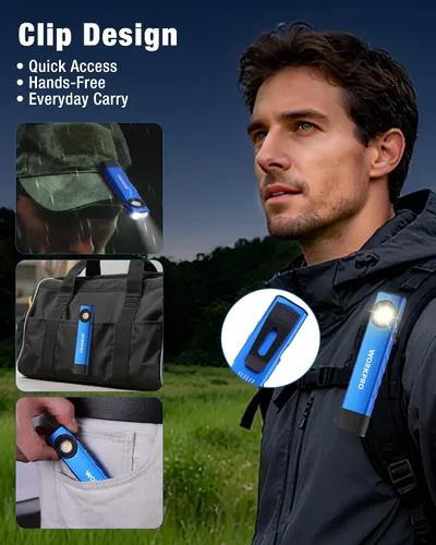 Miniatura 8 de WORKPRO linterna recargable de trabajo, linterna de bolsillo plana de 600 lúmenes con luz UV, base magnética y clip, linterna LED EDC delgada