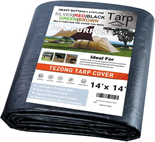 Miniatura 13 de Lonas resistentes impermeables de 4 x 5 pies, paquete de 2 lonas TEZONG negras de 0.472 in. de lona de plástico para exteriores para lluvia