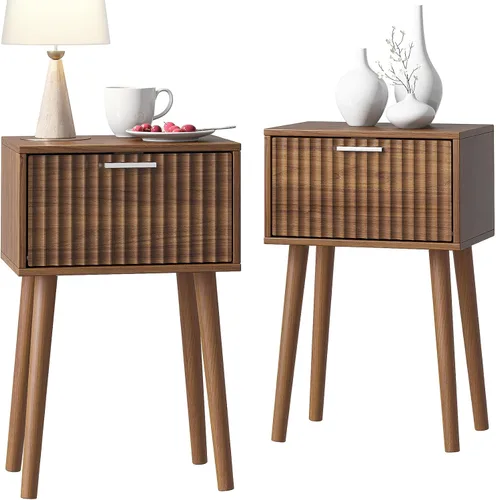 Miniatura 12 de LAATOOREE Juego de 2 mesitas de noche, mesa auxiliar pequeña, mesita de noche con puerta acanalada, pies de madera maciza; mesa auxiliar moderna