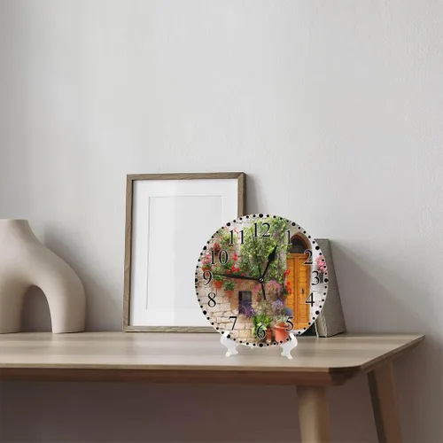 Miniatura 7 de Italian Hill Town of Assisi - Reloj de pared de 10 pulgadas, funciona con pilas, flores coloridas fuera de un hogar, reloj moderno silencioso sin
