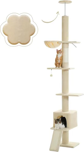 PEQULTI Árbol para gatos de suelo a techo, torre alta para gatos, altura ajustable (83''-108'' / 83-108 pulgadas) árbol trepador de 5 niveles para
