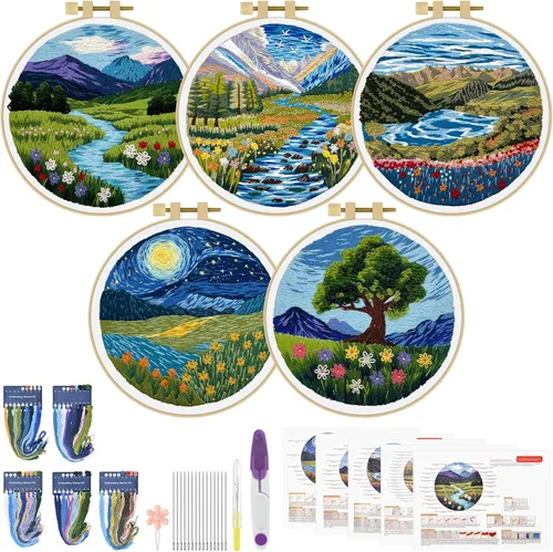 Miniatura 14 de ERKOON 5 Kits de Bordado para Principiantes, Juego de Costura Manual de Manualidades Kit de Inicio de Punto de Cruz de Hongos, Kits de Bordado DIY