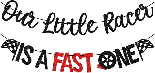 Cartel de Our Little Racer Is A Fast One, decoraciones de cumpleaños de Fast One, decoraciones de primer cumpleaños de carreras para niño, purpurina
