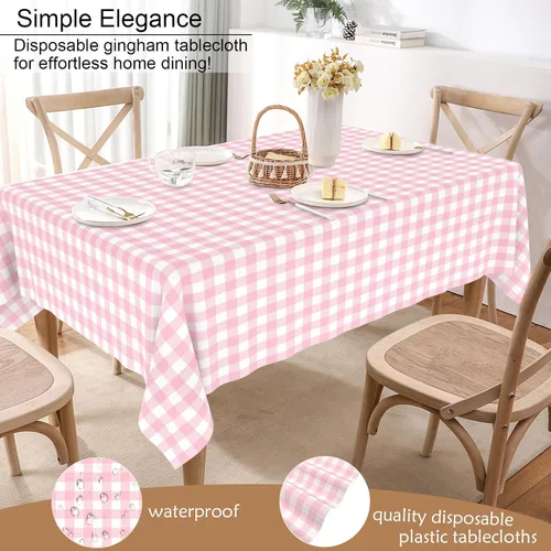 Miniatura 8 de 6 manteles desechables de plástico a cuadros rosados para fiestas, impermeables, rectangulares, color rosa y blanco, para campamento, cumpleaños