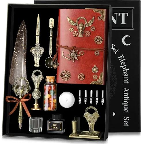 Miniatura 8 de Juego de tinta y pluma estilográfica NC - Azul, con bolígrafo, cuaderno, 5 puntas, tinta, soporte, sello, cuchara, cuentas de cera, sobres y papel