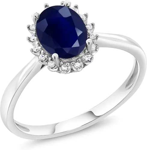 Gem Stone King Anillo de compromiso de oro blanco de 10 quilates con zafiro azul y diamantes para mujer (1.79 quilates, ovalado de 0.315 x 0.236in,