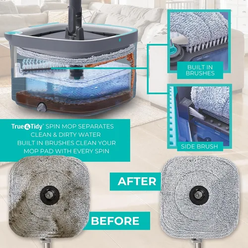 Miniatura 2 de True & Tidy True Clean Sistema de Trapeador Giratorio y Cubo – Diseño de Doble Compartimento para Agua Limpia y Sucia, Cabezal de Trapeador