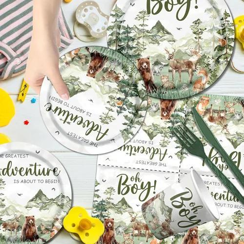 Miniatura 5 de Vajilla con texto en inglés "Let The Adventure Begin", vajilla para baby shower, platos y servilletas de bosque, decoración de tazas, mantel