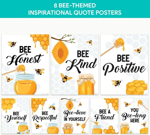 Miniatura 6 de Decorably 15 carteles de bienvenida con temática de abejas para aulas, escuela primaria, secundaria, inspirador, laminado mate con diseño vibrante