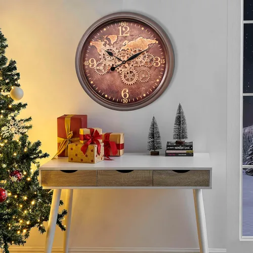 Miniatura 5 de CLXEAST Reloj de pared grande de 24 pulgadas con engranajes móviles, relojes industriales con esfera de mapa del mundo, reloj de pared fresco