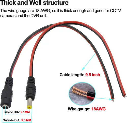 Miniatura 5 de 10 pares de cables de alimentación de CC de 12 V 5 A macho y hembra + 10 pares de conectores de enchufe de alimentación CC para vigilancia