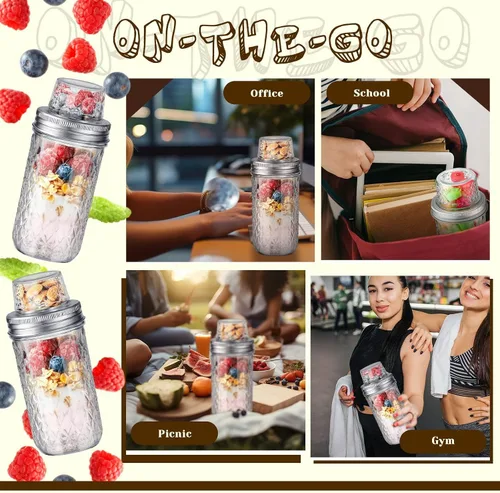 Miniatura 7 de Vesici Paquete de 4 recipientes de avena de 25 onzas con tapas, tazas de yogur de doble laryer con separación seca y húmeda, recipientes de avena