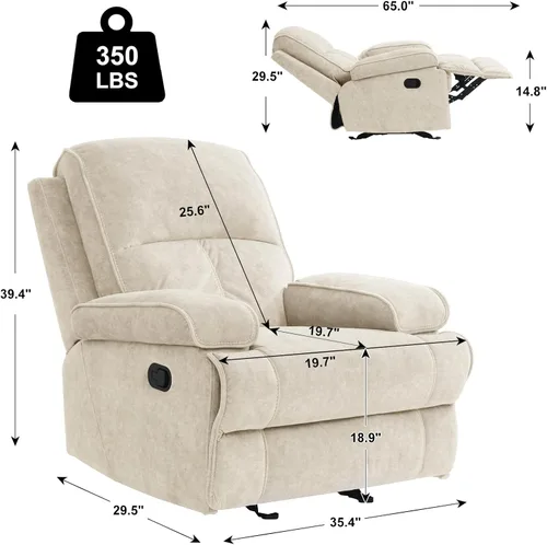 Miniatura 2 de Silla Mecedora Reclinable Manual para Adultos, Planeador de Respaldo Alto con Asiento Profundo, Sillón Tapizado de Tela para Sala de Estar