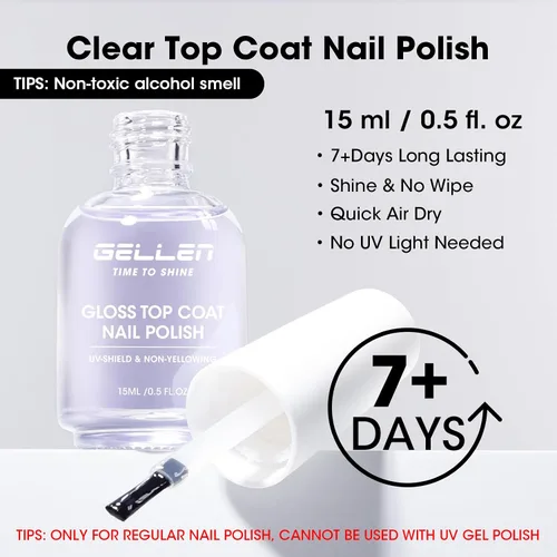 Miniatura 2 de GELLEN Capa superior de esmalte de uñas transparente, capa superior de alto brillo, secado rápido al aire, resistente a los rayos UV, larga duración