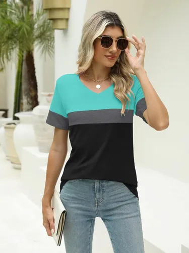 Miniatura 3 de Minetom Camisetas de manga corta con cuello en V para mujer, camisetas casuales de verano