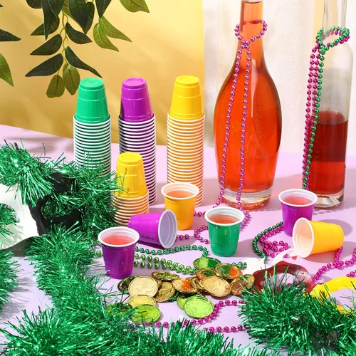 Miniatura 7 de Roshtia Paquete de 100 vasos desechables de 2 onzas, vasos de chupito de Mardi Gras, pequeños vasos de plástico para Navidad, fiesta de Año Nuevo