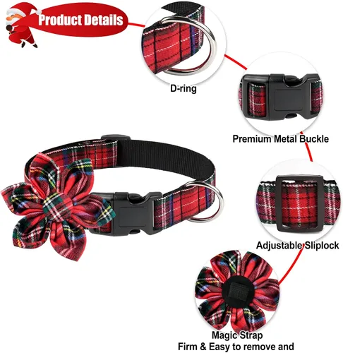 Miniatura 4 de Malier Collar de Navidad para perro con flor, clásico collar de perro a cuadros de búfalo con hebilla, collares de Navidad ajustables con pajarita