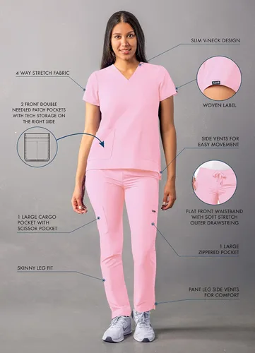Miniatura 3 de Adar - Uniforme tipo filipina, con camisa de cuello en V y pantalones con bolsillos tipo cargo, para mujer