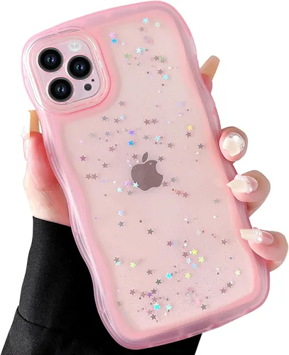 Miniatura 2 de Qokey Funda para iPhone 12 Pro Max de 6.7 pulgadas, diseño de onda rizada, borde transparente, brillante con purpurina, estrella brillante, bonita