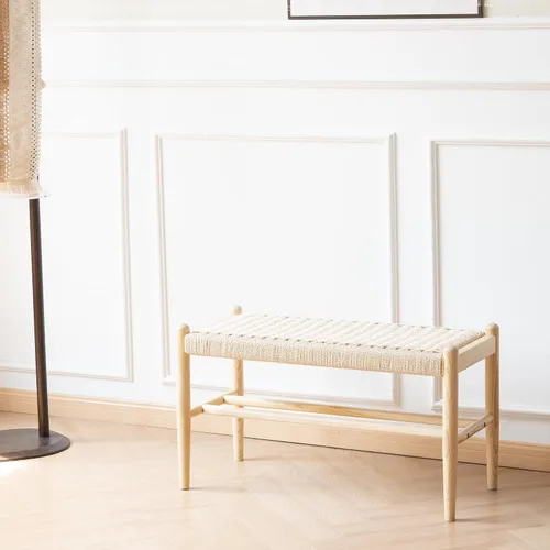 Miniatura 11 de Banco de madera maciza para entrada con almacenamiento para zapatos, diseño rústico en roble y tejido, 39.4 pulgadas de largo, asiento para sala