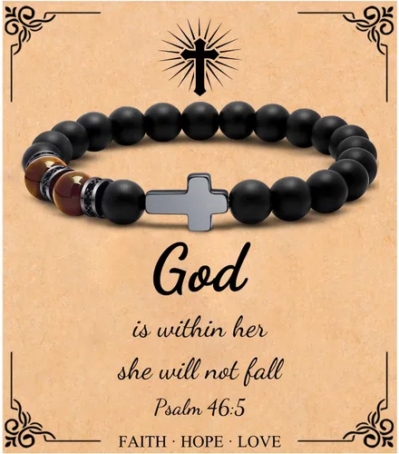 JoycuFF Pulseras cristianas para hombres, pulsera de cruz de piedra natural para hombres, bautismo cristiano, regalos de Pascua para hombres,