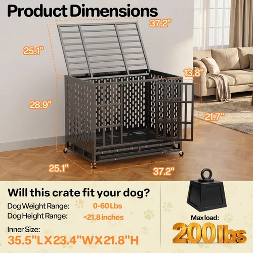 Miniatura 2 de Jaula para perros de alta resistencia de 38 pulgadas, a prueba de escapes de acero, jaula indestructible de doble puerta para interiores, perrera