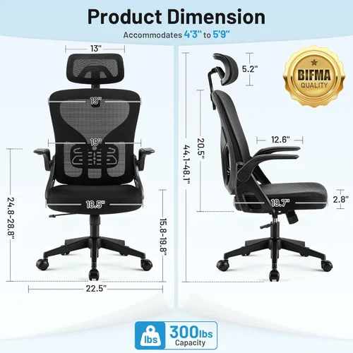 Miniatura 2 de Office Chair Ergonomic Desk Chair with Adjustable Headrest Lumbar Support, High Back Breathable Mesh Chair with 120° Tilt & Flip-Up Armrests, Swivel