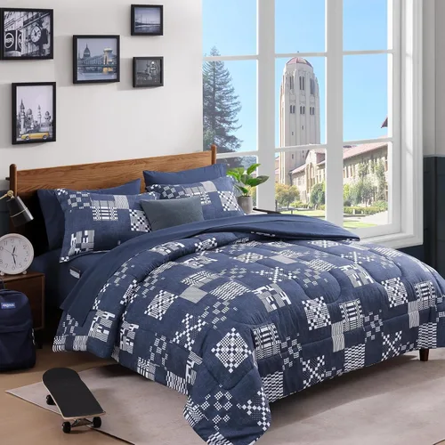 Miniatura 14 de AMBERSPACE Juego de edredón tamaño matrimonial, juego de ropa de cama a cuadros azul gris de 7 piezas para niños, niñas y adolescentes, juego