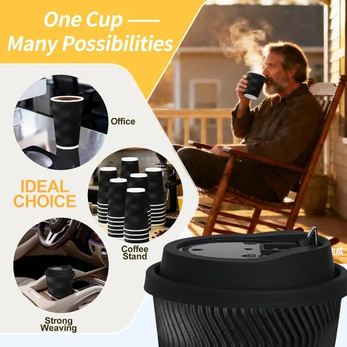 Miniatura 6 de Paquete de 100 tazas de café desechables de pared ondulada corrugada de 16 onzas con tapas y pajitas, tazas aisladas resistentes para bebidas