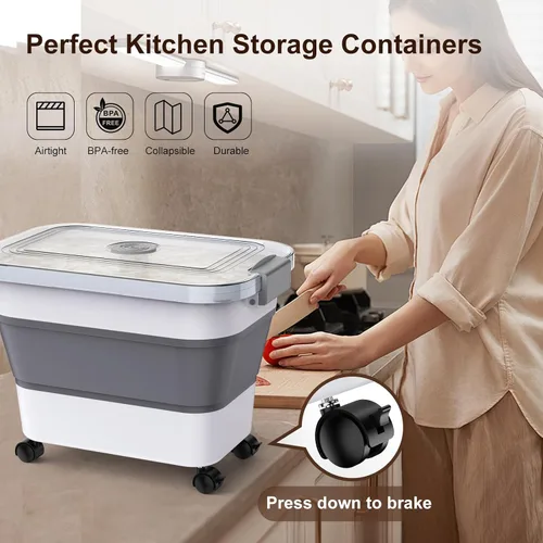 Miniatura 6 de Komzon Contenedor de almacenamiento de arroz, contenedores de almacenamiento de alimentos plegables herméticos 6-20 libras, contenedor dispensador